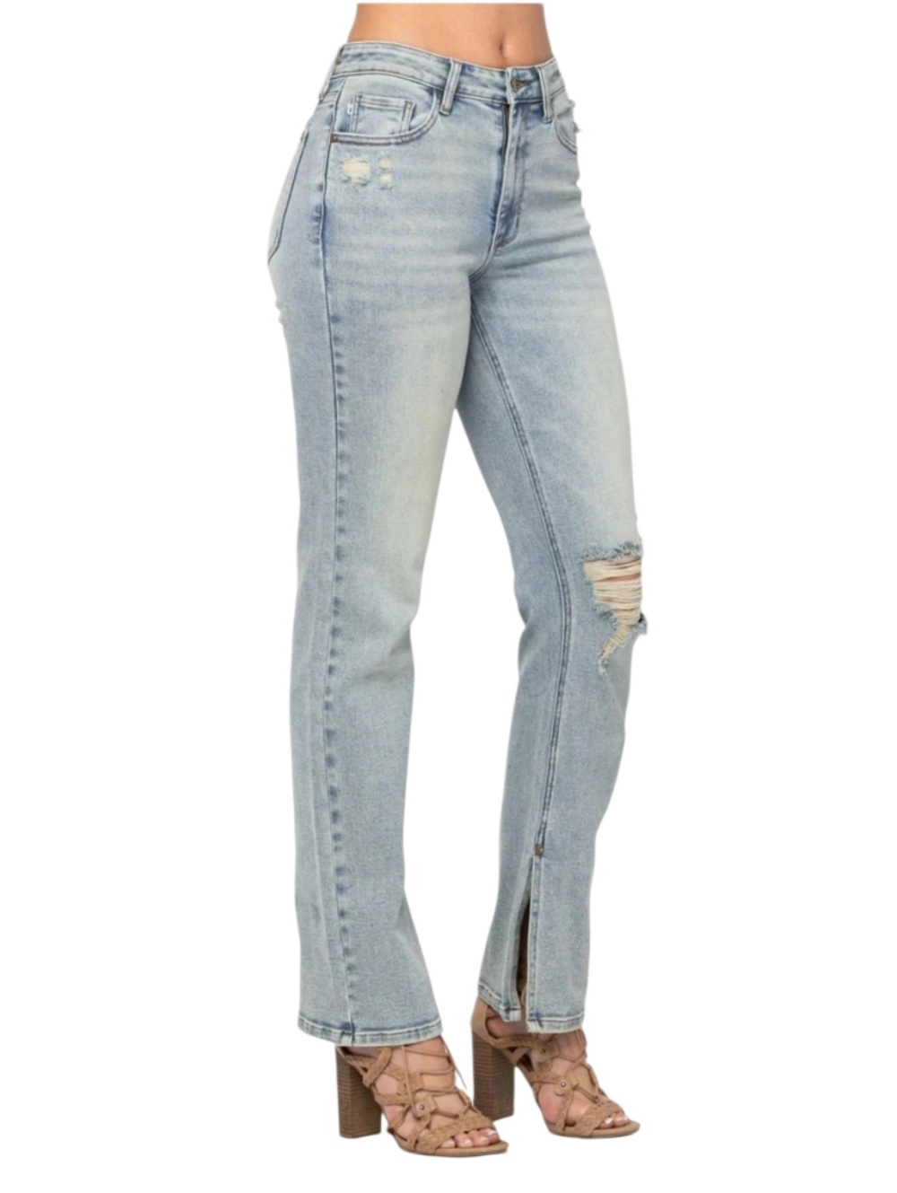 Judy Blue Light Wash High Waist Straight Leg Distressed Size 13/31 Leg Slits